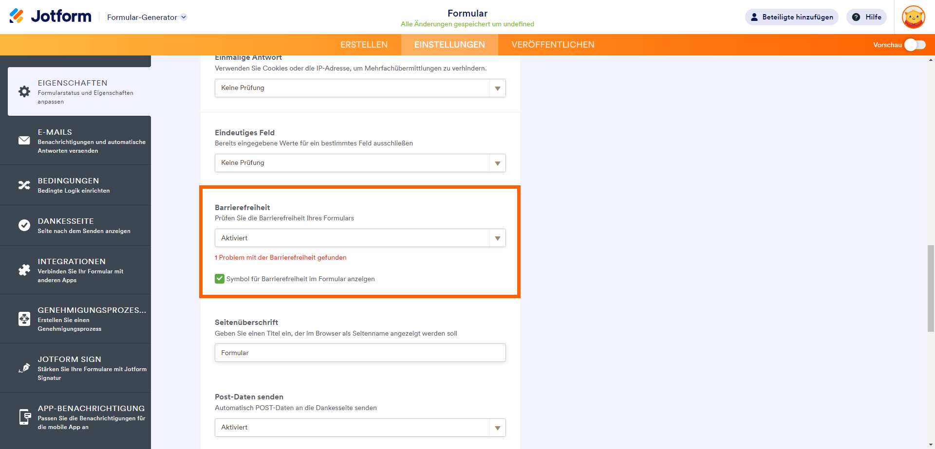 Jotform Formular Zugänglichkeit aktivieren