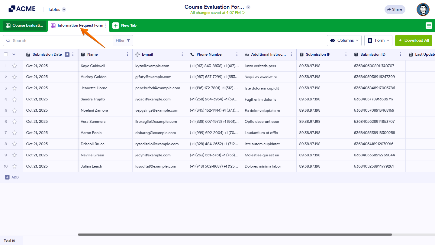 Viewing the newly created connected form tab in Tables where data updates automatically in real time