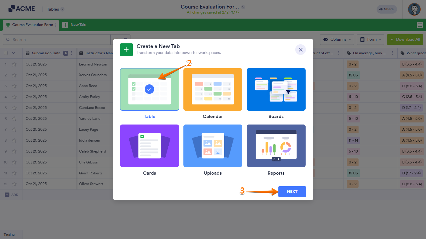 Selecting Table in the Create a New Tab window in Tables and clicking Next.
