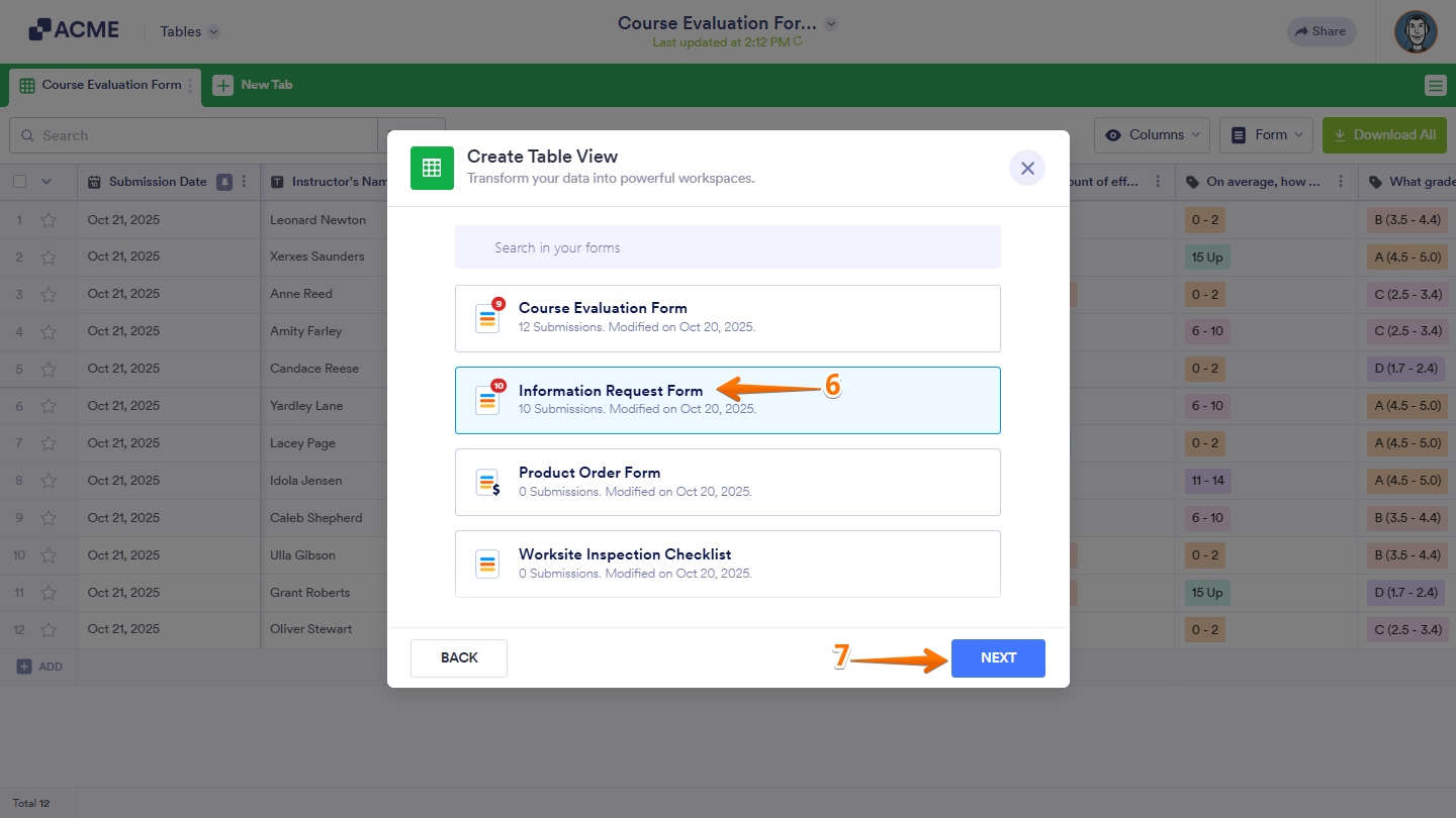 Choosing a form table to connect in Tables and clicking Next