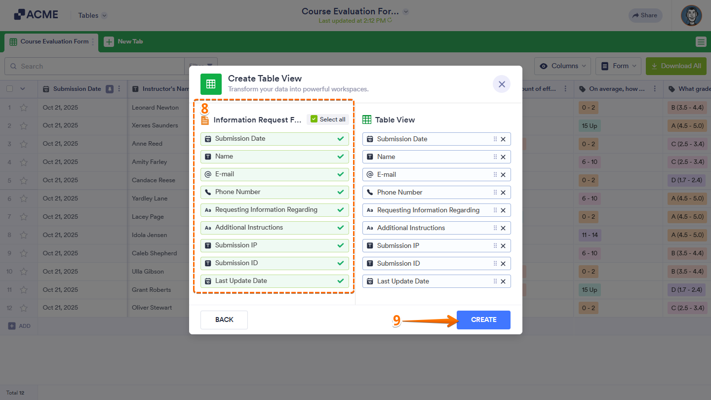 Selecting columns to include in the tab in Tables and clicking Create to finish