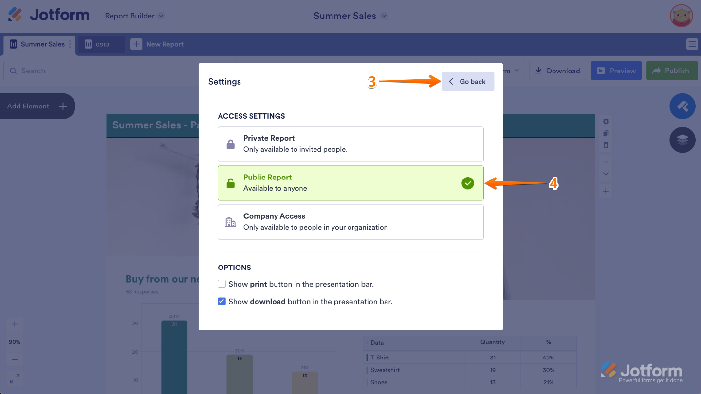 Visual Report Builder Access Settings showing the Public Report option selected, with the Go Back button at the top