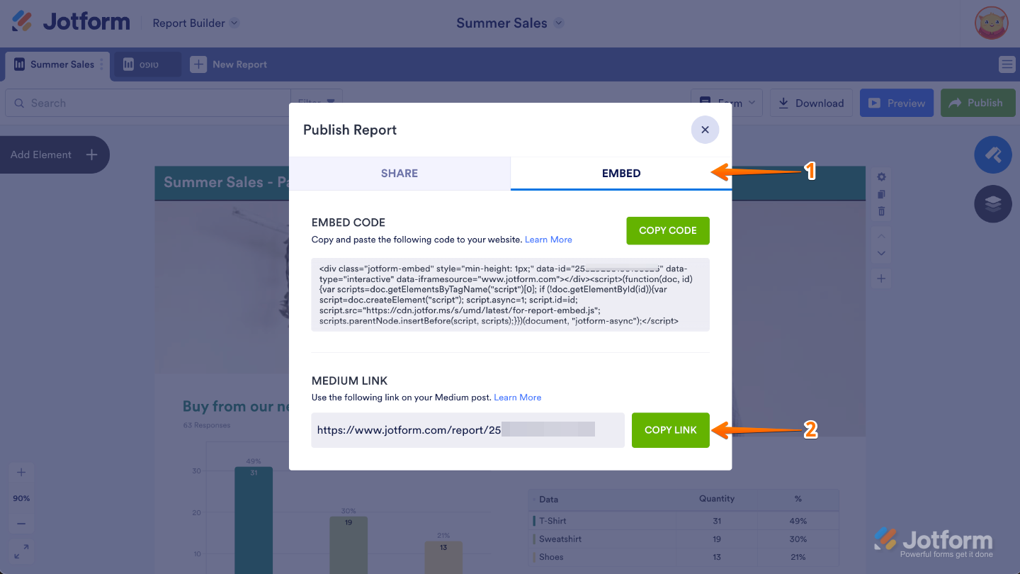 Publish Report window showing the Embed tab selected and the Copy Code button under the Embed Code section