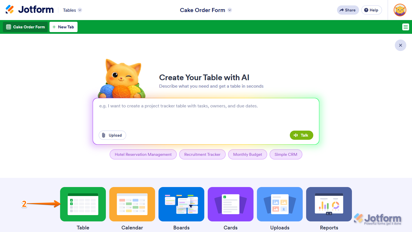 Table option in the Create Your Table menu in a New Tab in Jotform Tables