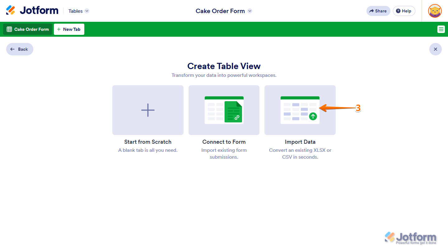 Import Data option in the Create Table View menu in a New Tab in Jotform Tables