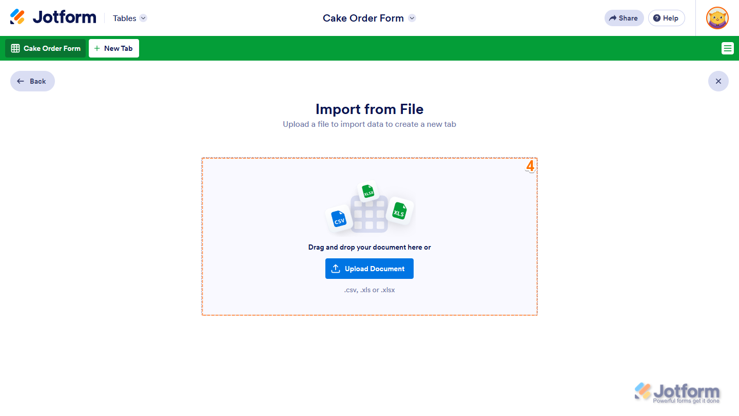 Upload Document button in the Import From File menu in a New Tab in Jotform Tables