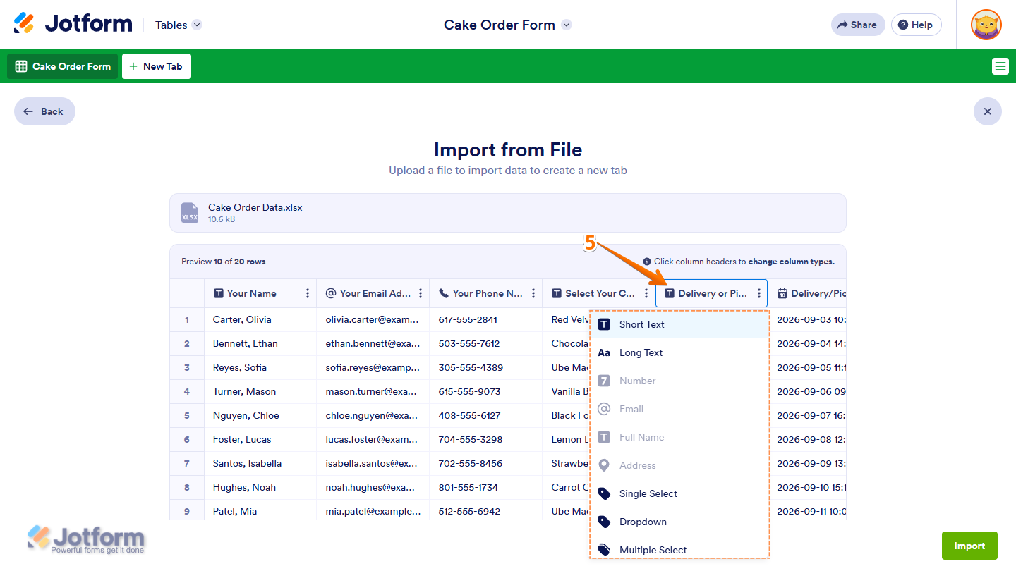 Change Column Type menu in table preview of the Import From File menu in a New Tab in Jotform Tables