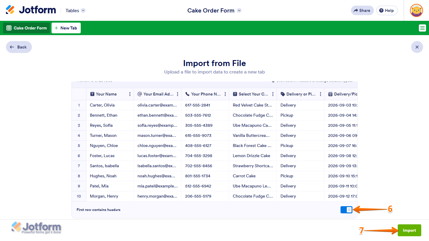 First Row Contains Headers toggle switch and Import button in the Import From File menu in a New Tab in Jotform Tables