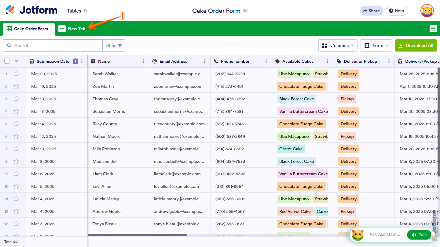 New Tab button in Jotform Tables