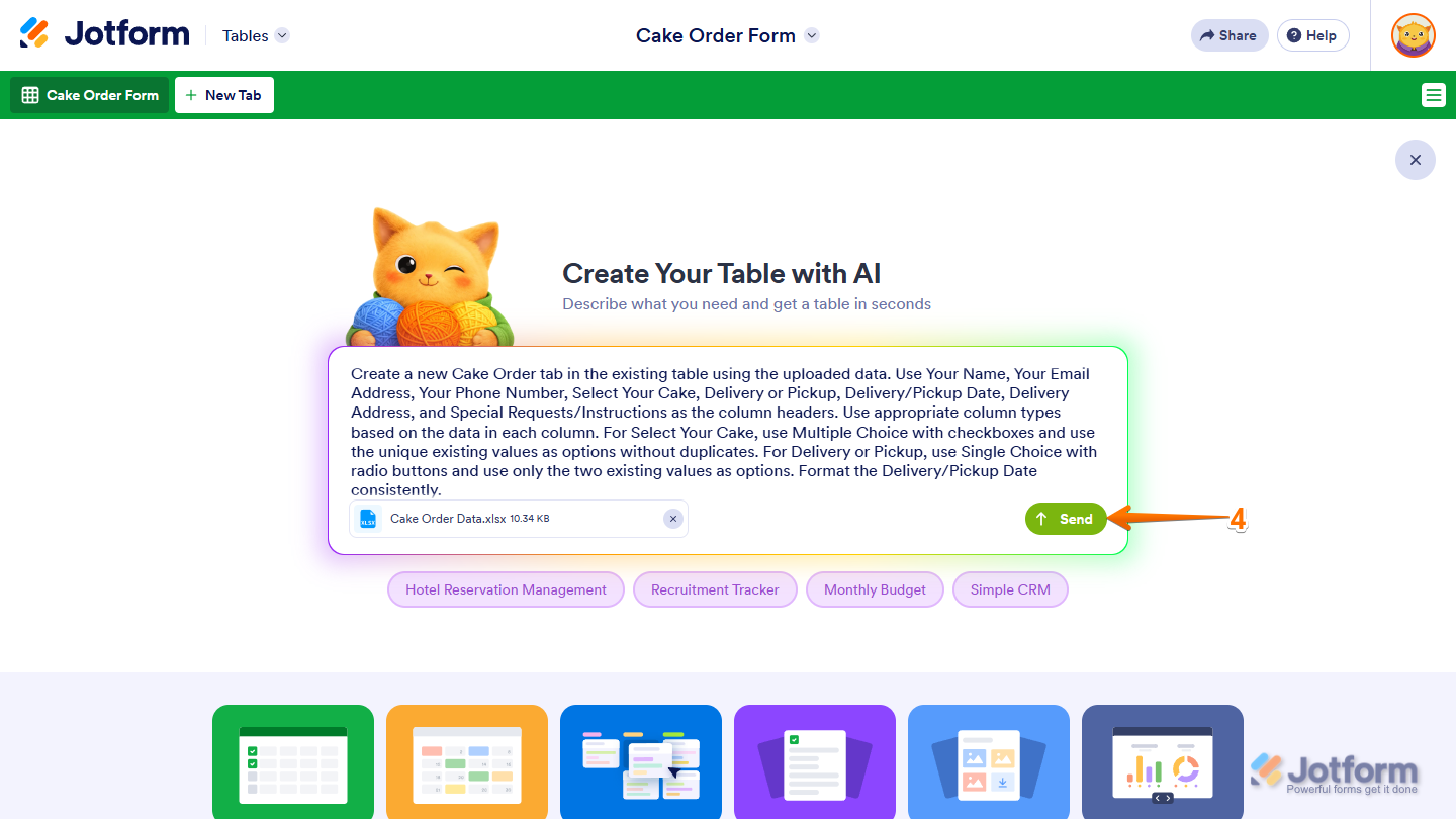 Create Your Table with AI Send button in a New Tab in Jotform Tables