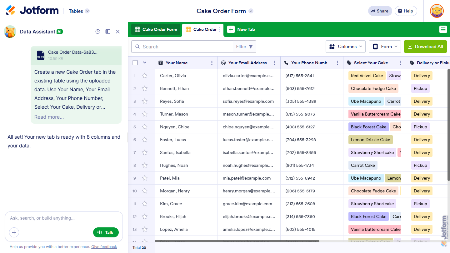 Imported data in a New Tab in Jotform Tables