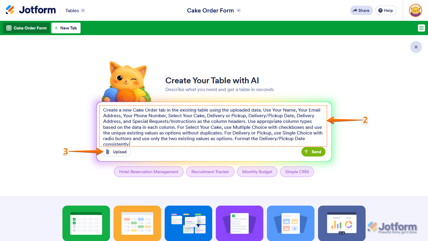 Create Your Table with AI Prompt box and Upload File button in a New Tab in Jotform Tables
