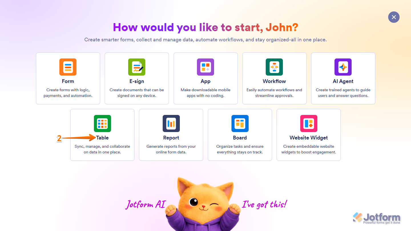 Table option in Select Asset menu on Jotform My Workspace page