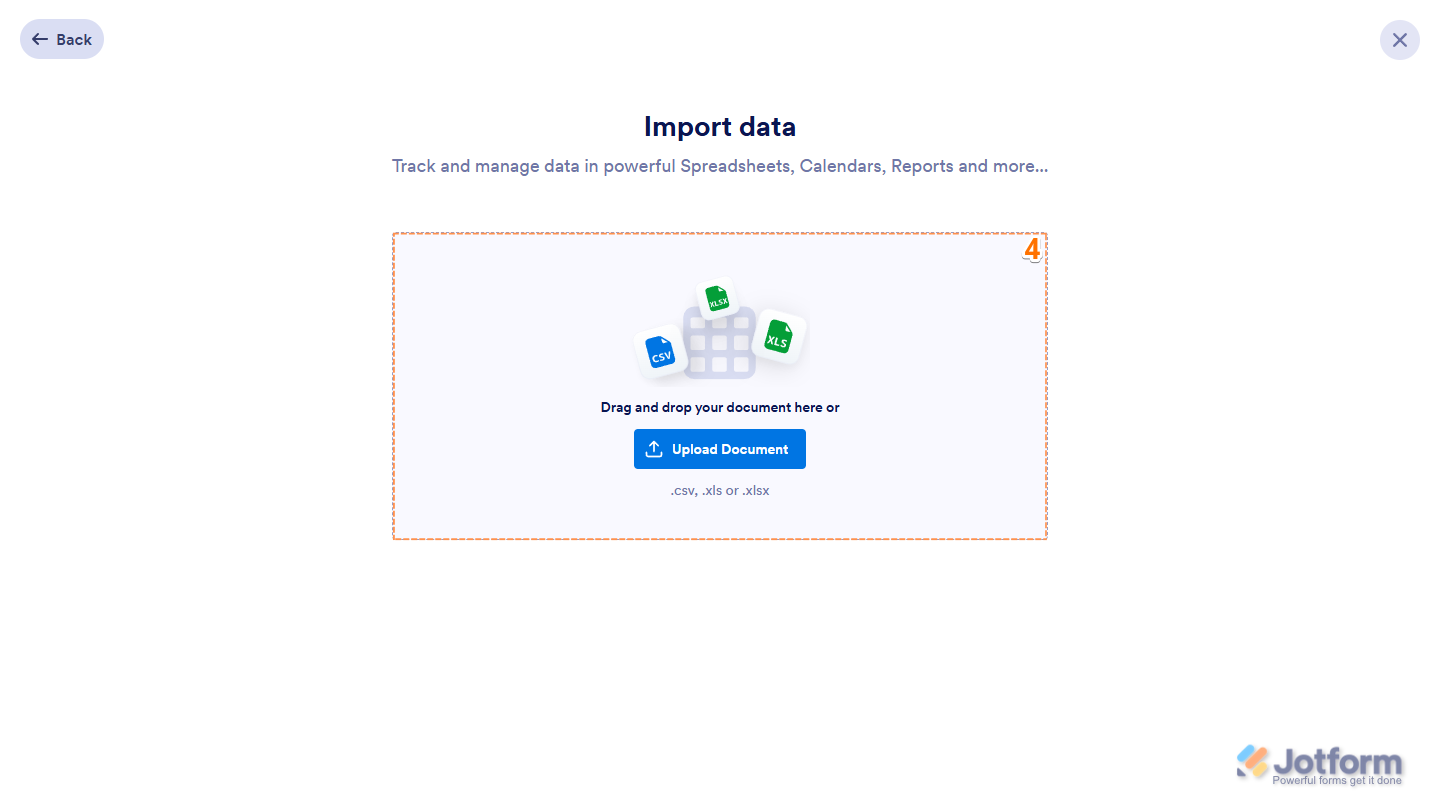 Upload Document button in the Import Data menu on Jotform My Workspace page