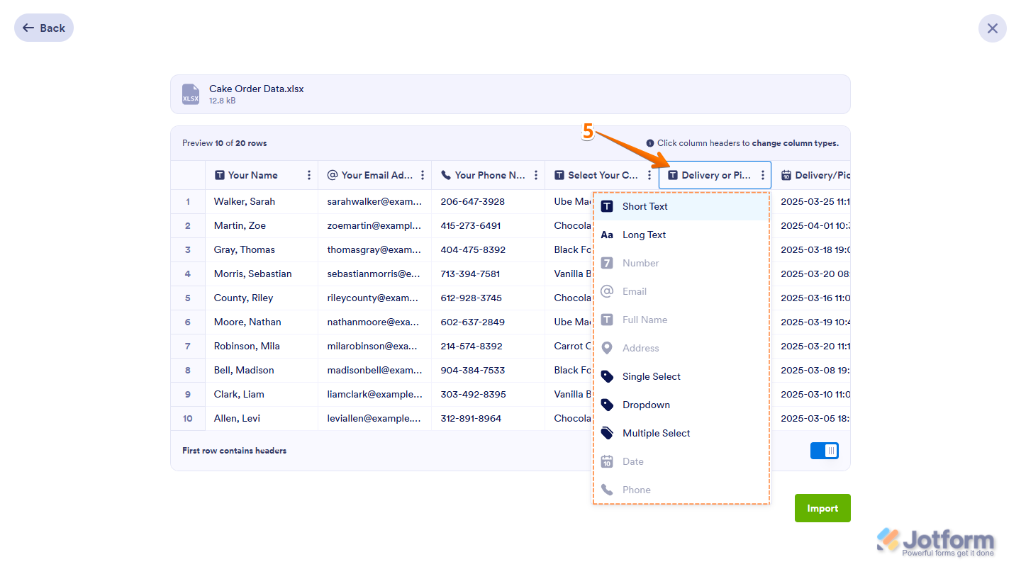 Change Column Type menu in table preview of the Import Data menu on Jotform My Workspace page