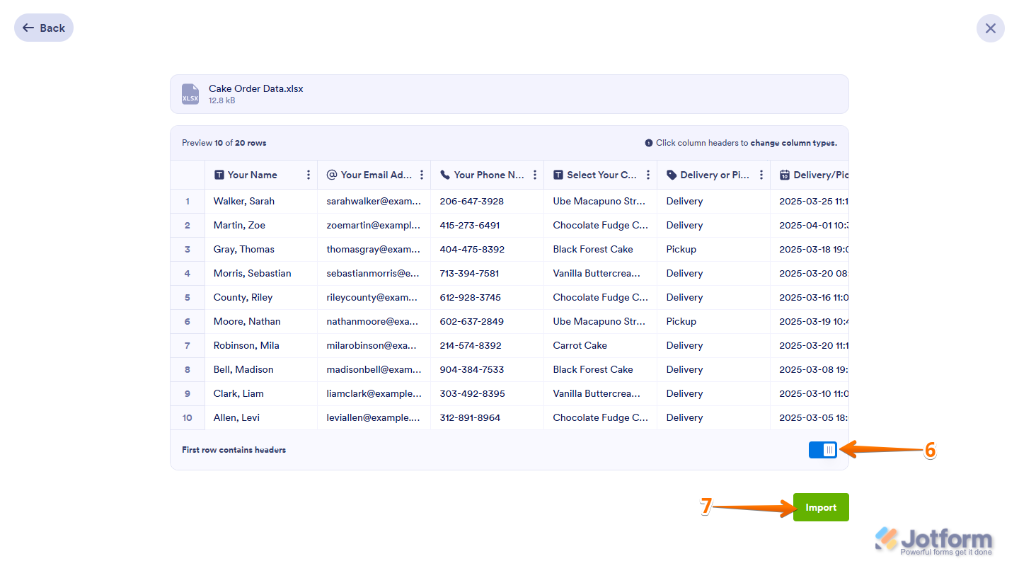 First Row Contains Headers toggle switch of the Import Data menu on Jotform My Workspace page