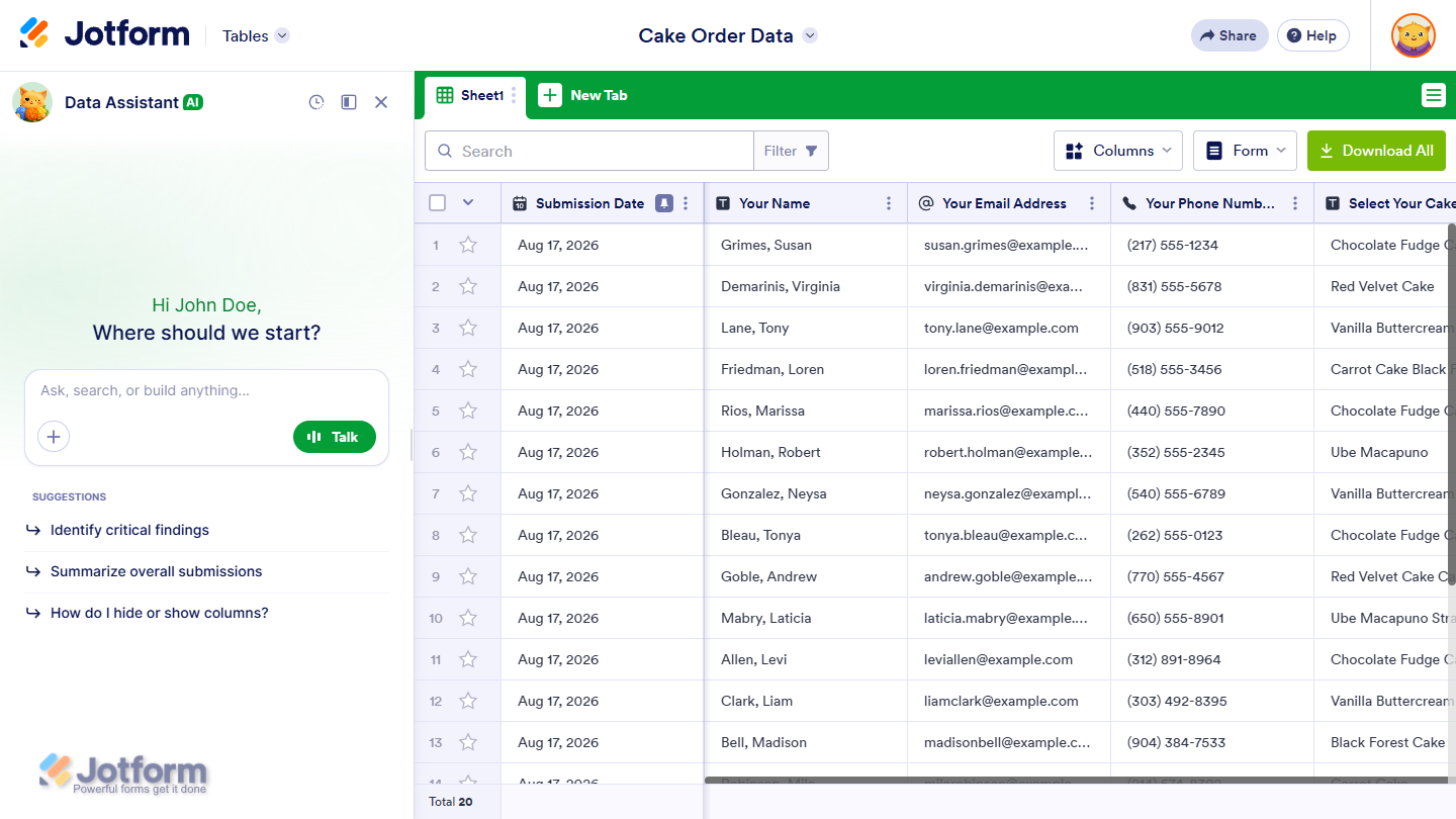 Imported data to a new table in Jotform