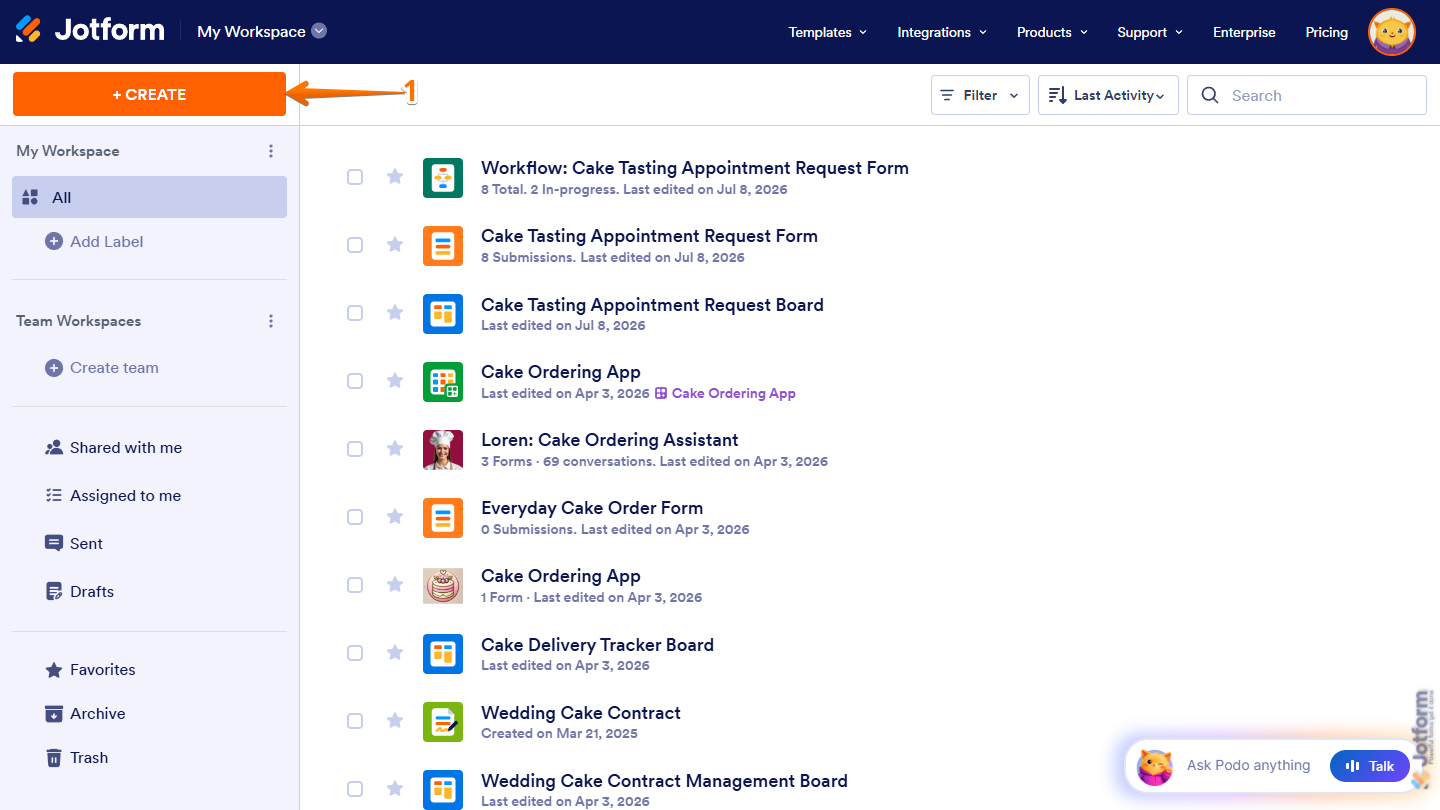 Create Asset button on Jotform My Workspace page
