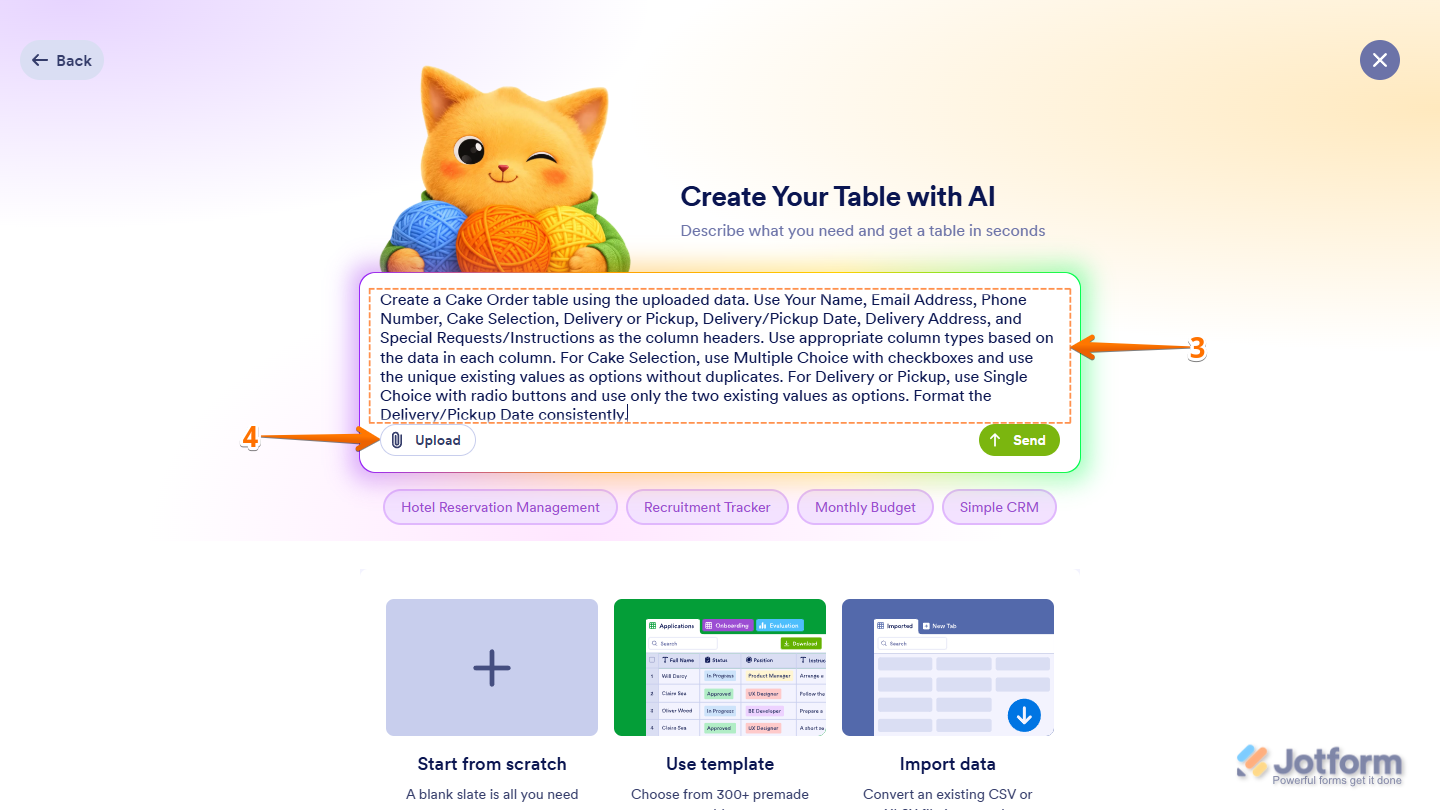 Create Your Table with AI Prompt box and Upload File button in the Create Table menu on Jotform My Workspace page