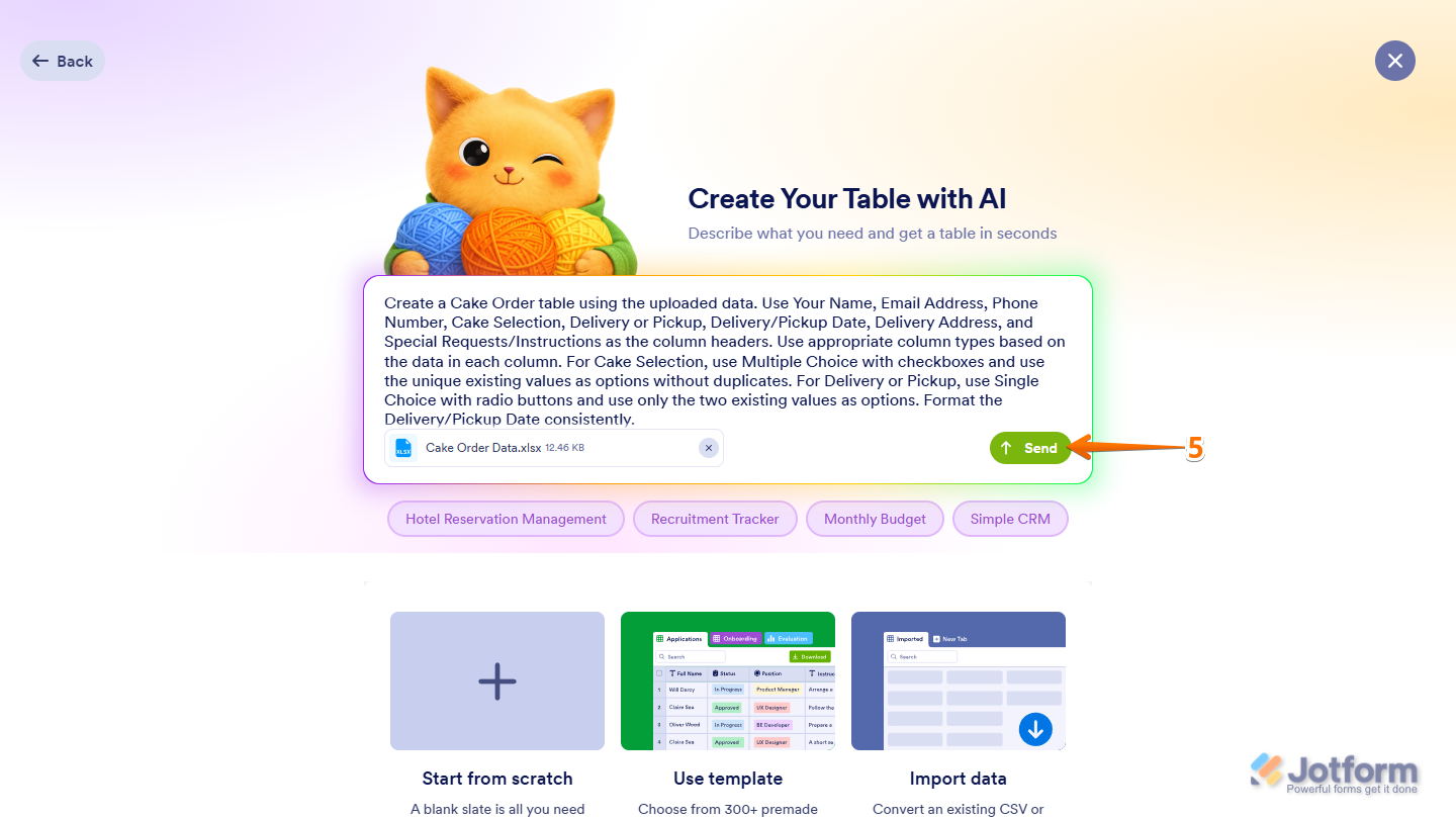 Create Your Table with AI Send button in the Create Table menu on Jotform My Workspace page