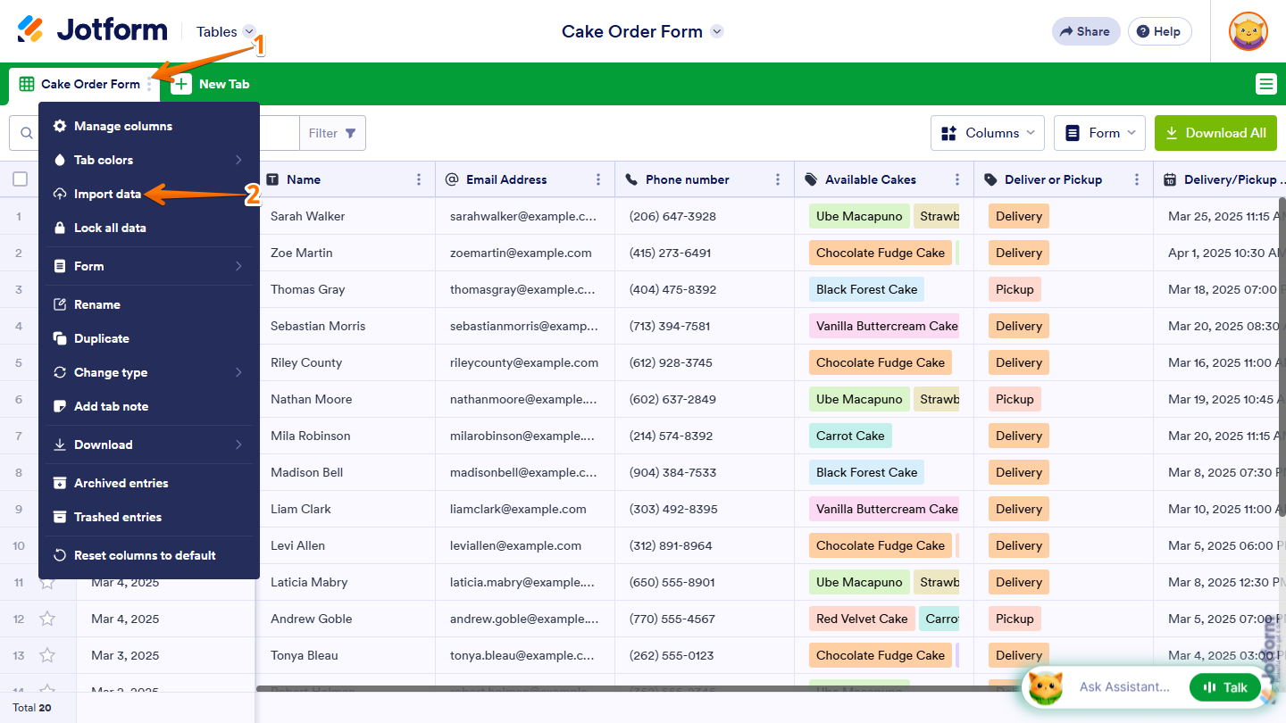 Import Data option in the Main Tab menu in Jotform Tables