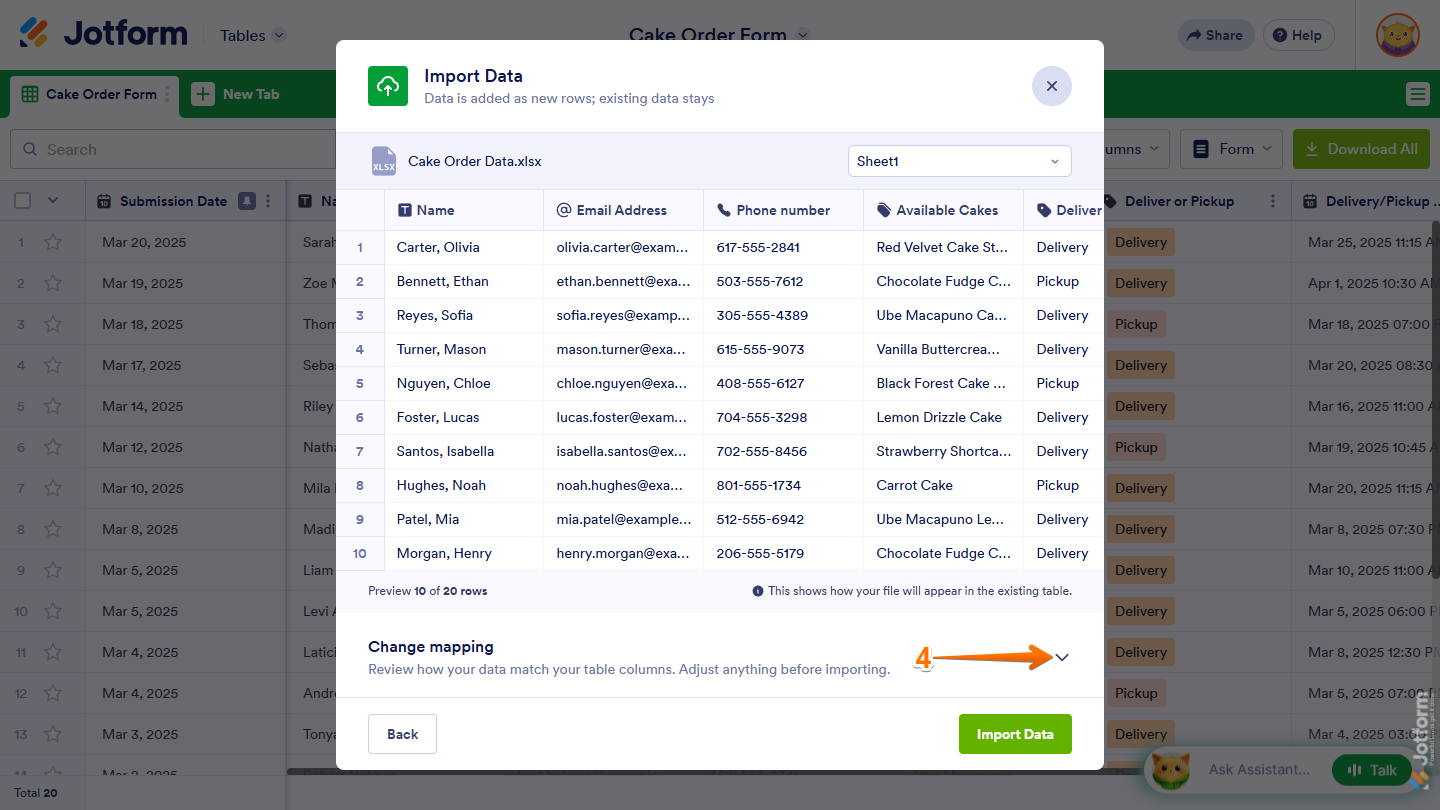 Table preview and Change Mapping Downward Arrow icon in the Import Data window in Jotform Tables