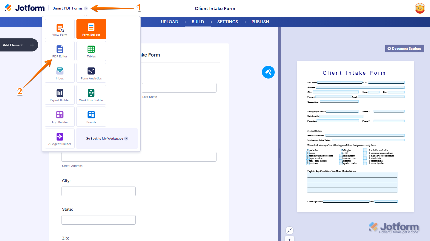 Smart PDF Forms page showing the top-left Downward Arrow menu with the PDF Editor option in Jotform