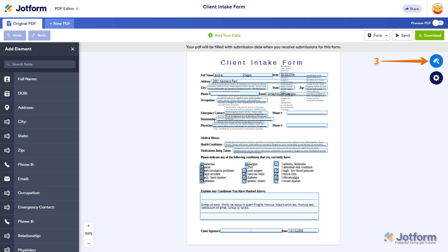 PDF Editor showing the Paint Roller icon on the right side of the page in Jotform