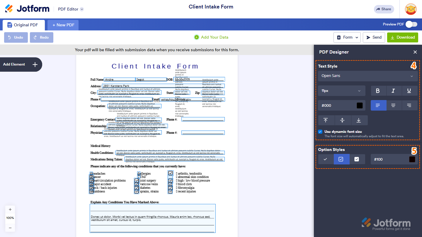 PDF Designer showing Text Style and Option Styles settings for customizing answer text and selected options in Jotform