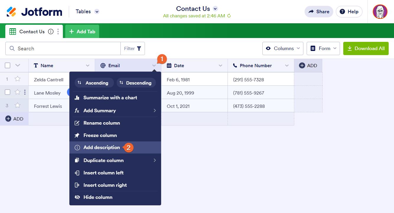 How to Add Descriptions to Tabs and Columns in Jotform Tables