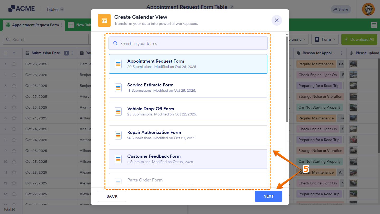 Selected form in the Form List section of the Create Calendar View window in Tables