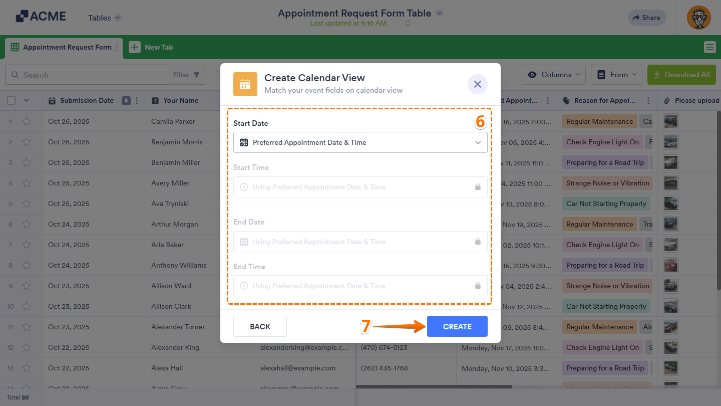 Start and End Date and Time fields and Create button in the Create Calendar View window in Tables