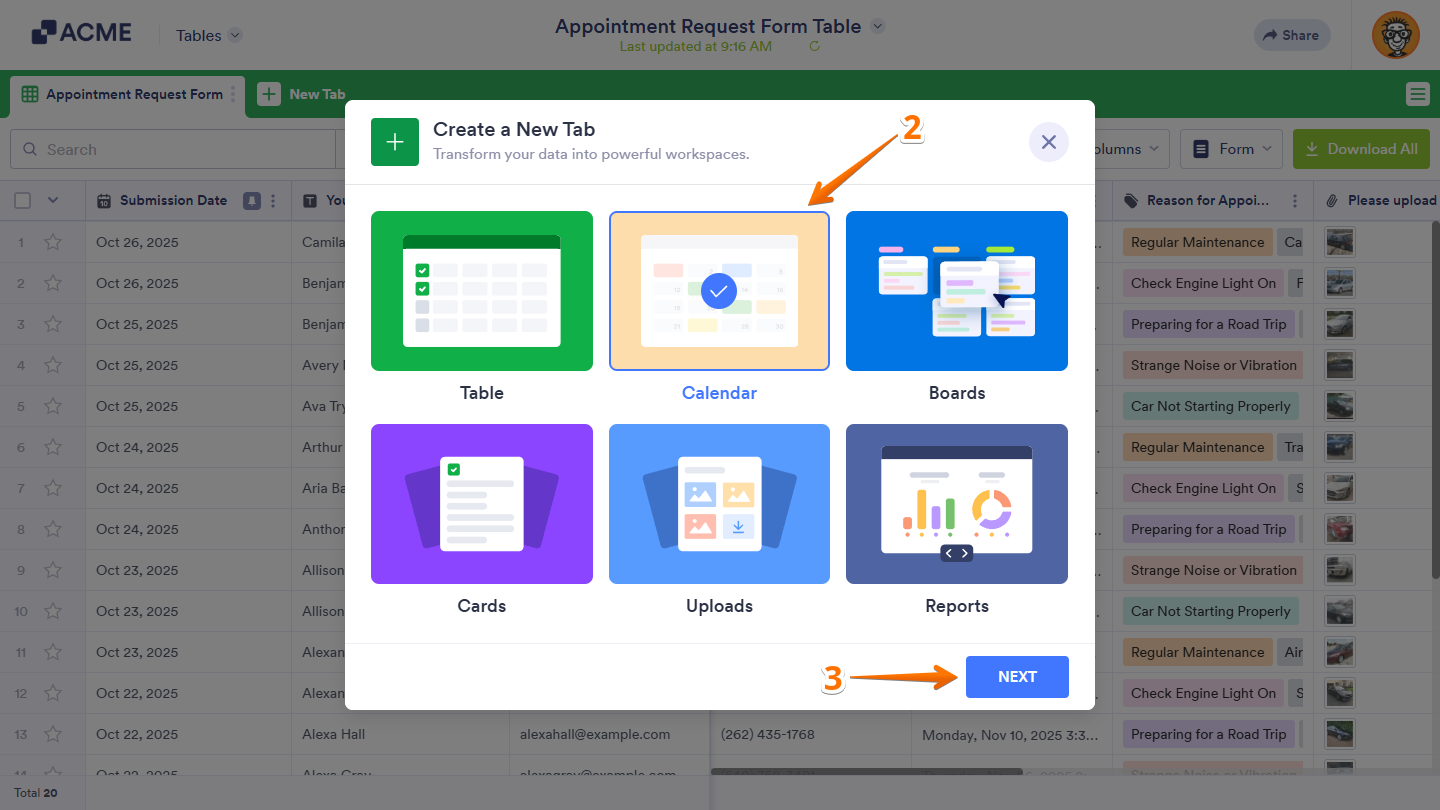 Calendar option and Next button in the Create a New Tab window in Tables