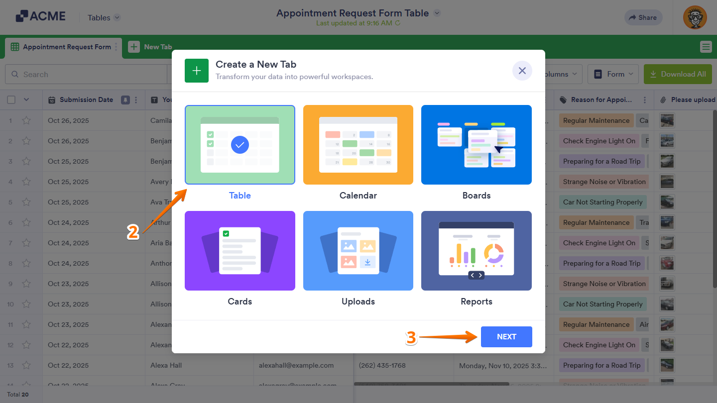 Table option and Next button in the Create a New Tab window in Tables