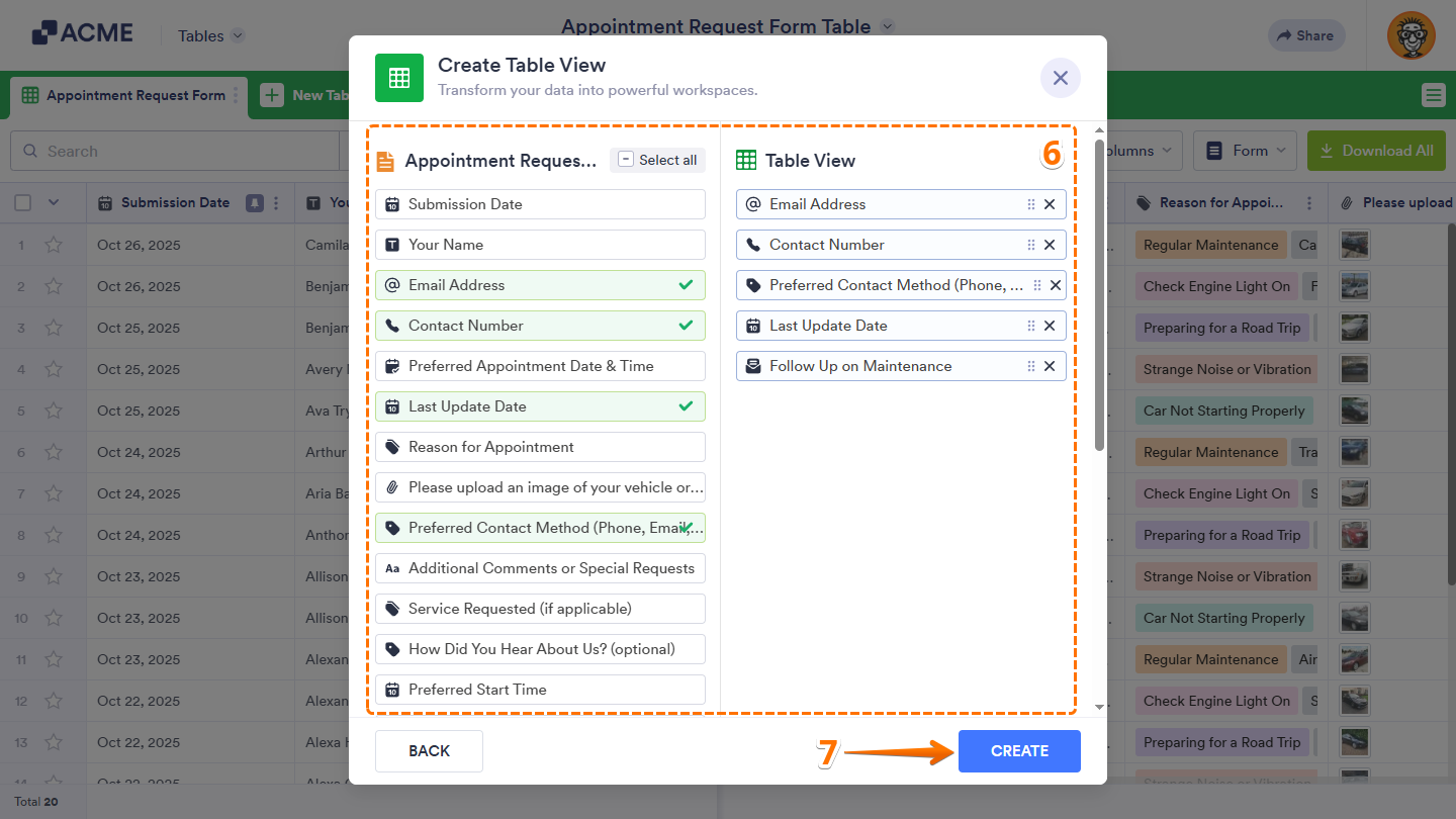 Form Fields List section and Create button of the Create Table View window in Tables