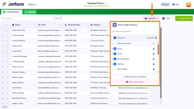 How to Show or Hide Columns in Jotform Tables