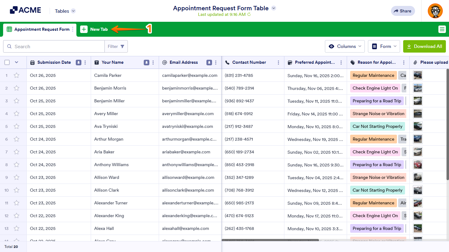 Tables New Tab button