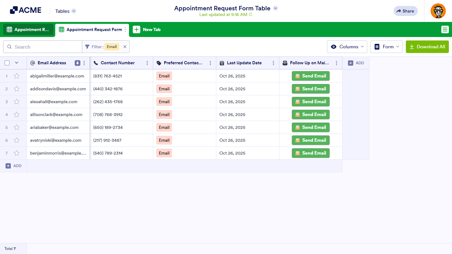 Filtered submissions in an additional Table view tab