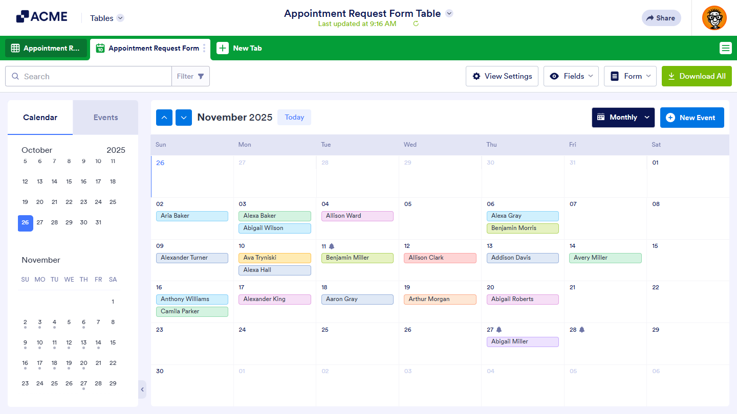 Submissions in Calendar view tab in Tables