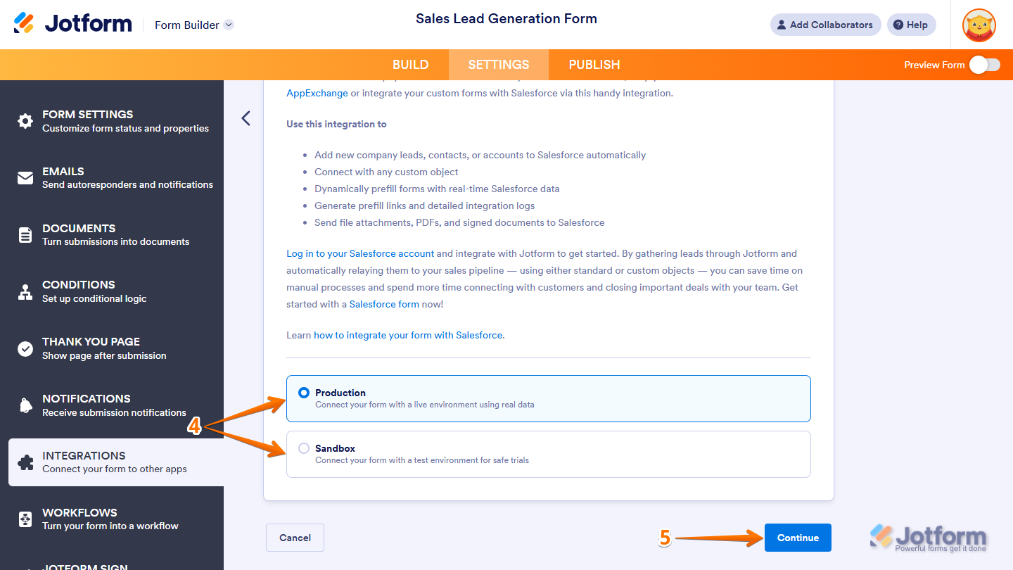 Salesforce integration settings showing Production and Sandbox environment options with Continue button in Jotform
