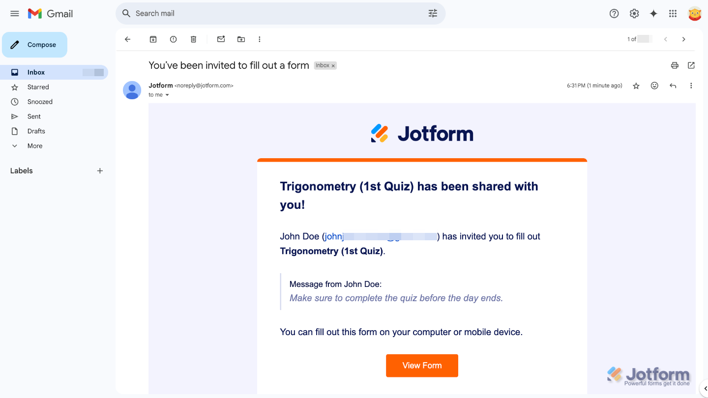 Example of a form invitation email showing how invited users will receive the form link and message