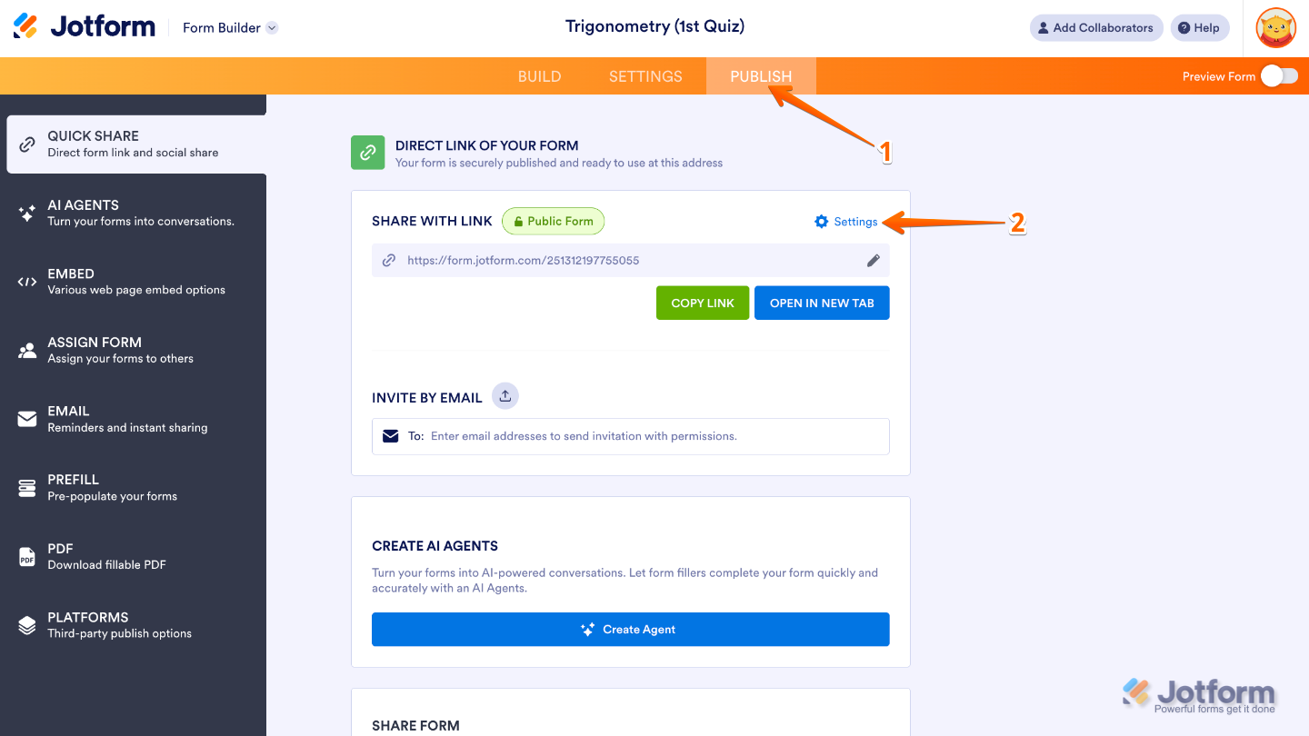 Form Builder Publish page highlighting the Share With Link section with the Settings option selected