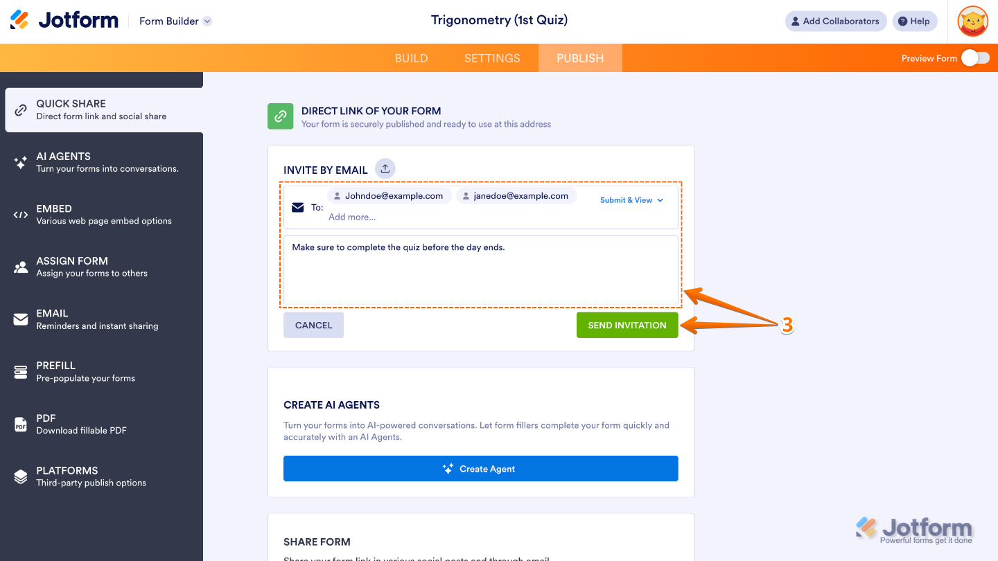 Invite by Email section showing email addresses entered, an invitation message typed, and the Send Invitation button highlighted