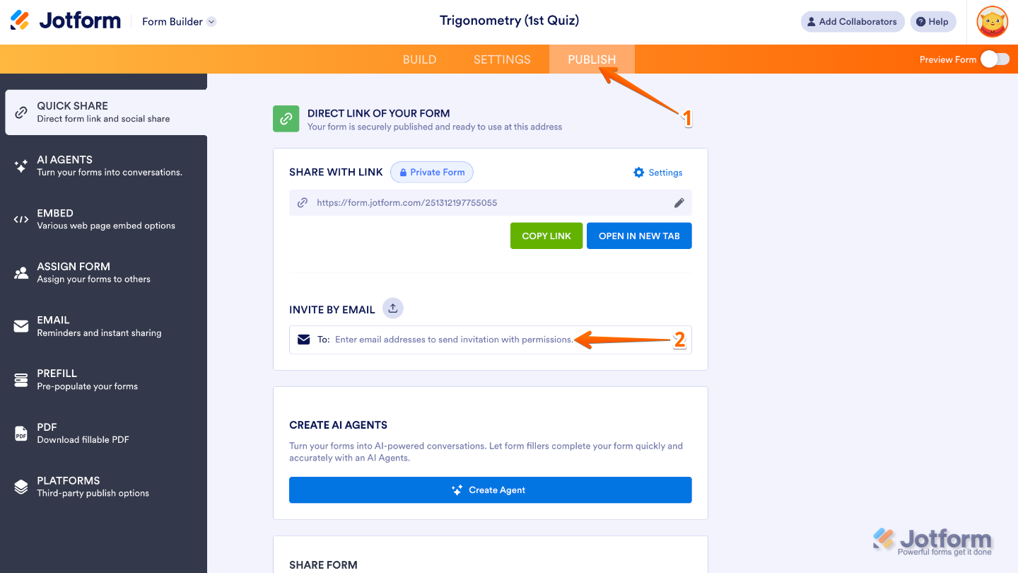 Form Builder Publish page showing the Invite by Email section with the To field selected