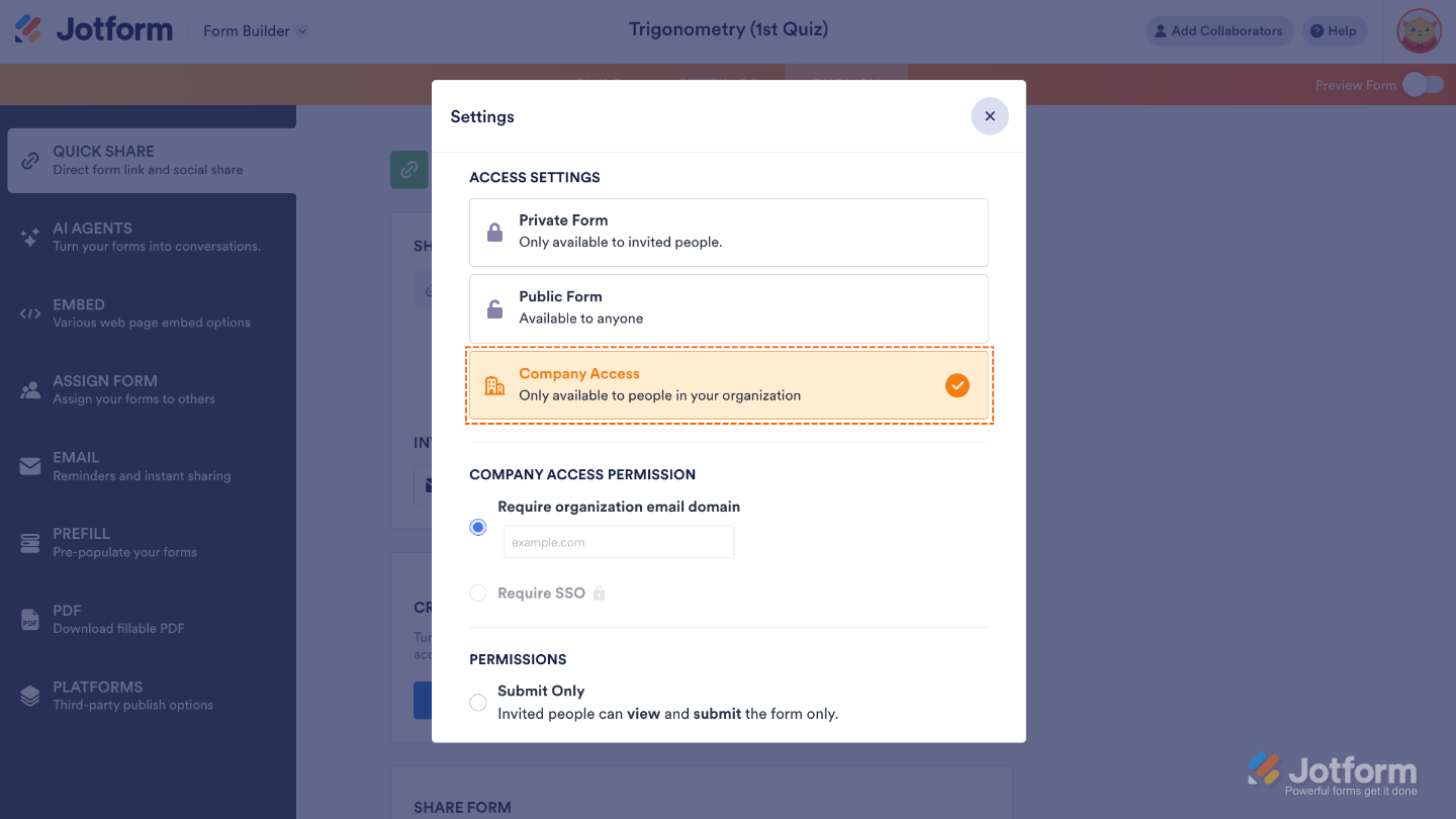 Access Settings showing Company Access enabled, restricting form access to users with a specific email domain