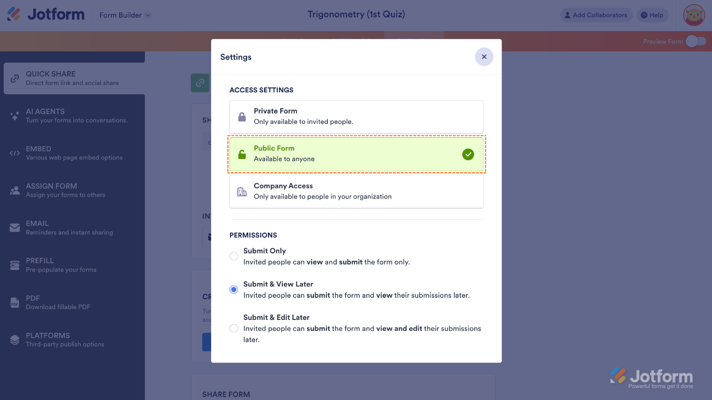 Access Settings showing Public Form enabled, allowing anyone with the link to access and fill out the form