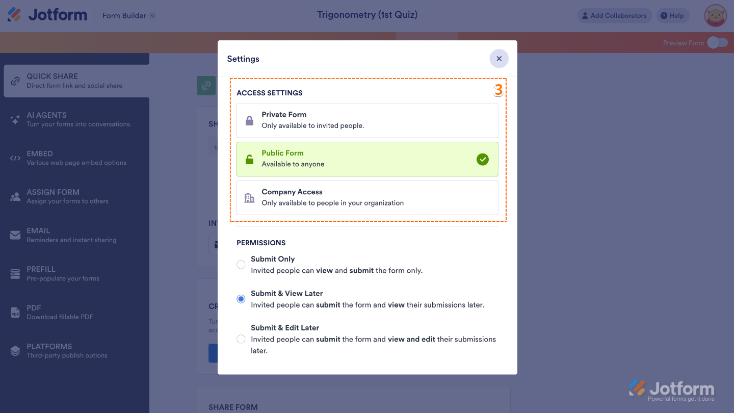Share With Link settings window showing available Access Settings options for controlling form visibility