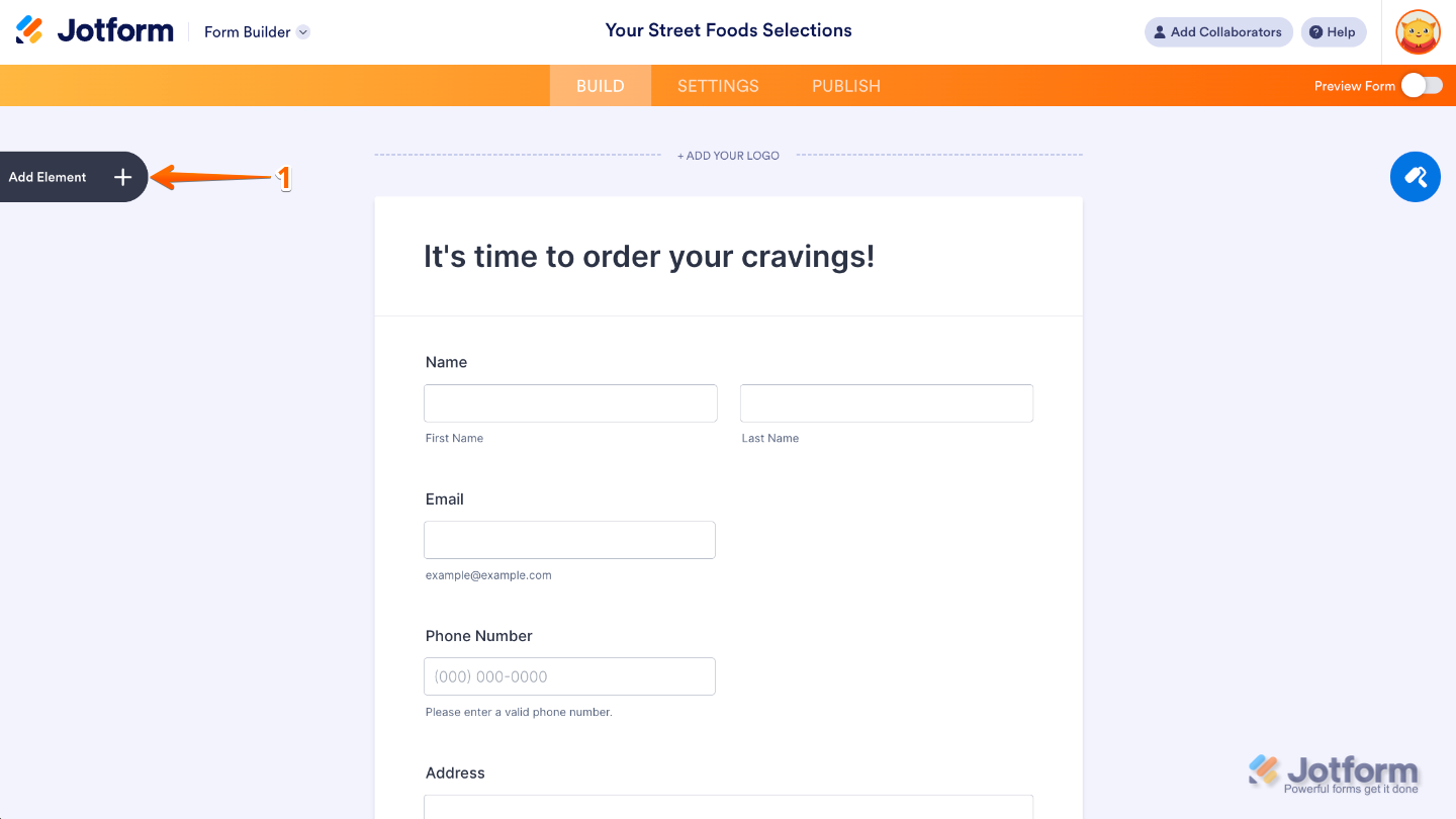 Form Builder interface with Add Element button highlighted on the left panel to insert fields or widgets into the form