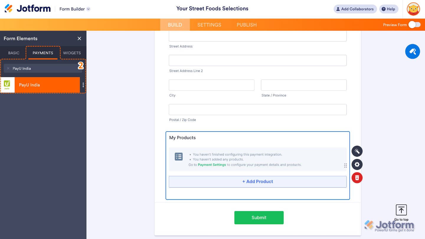 Form Elements menu with Payments tab open, showing PayU India option being clicked or dragged into the form builder workspace
