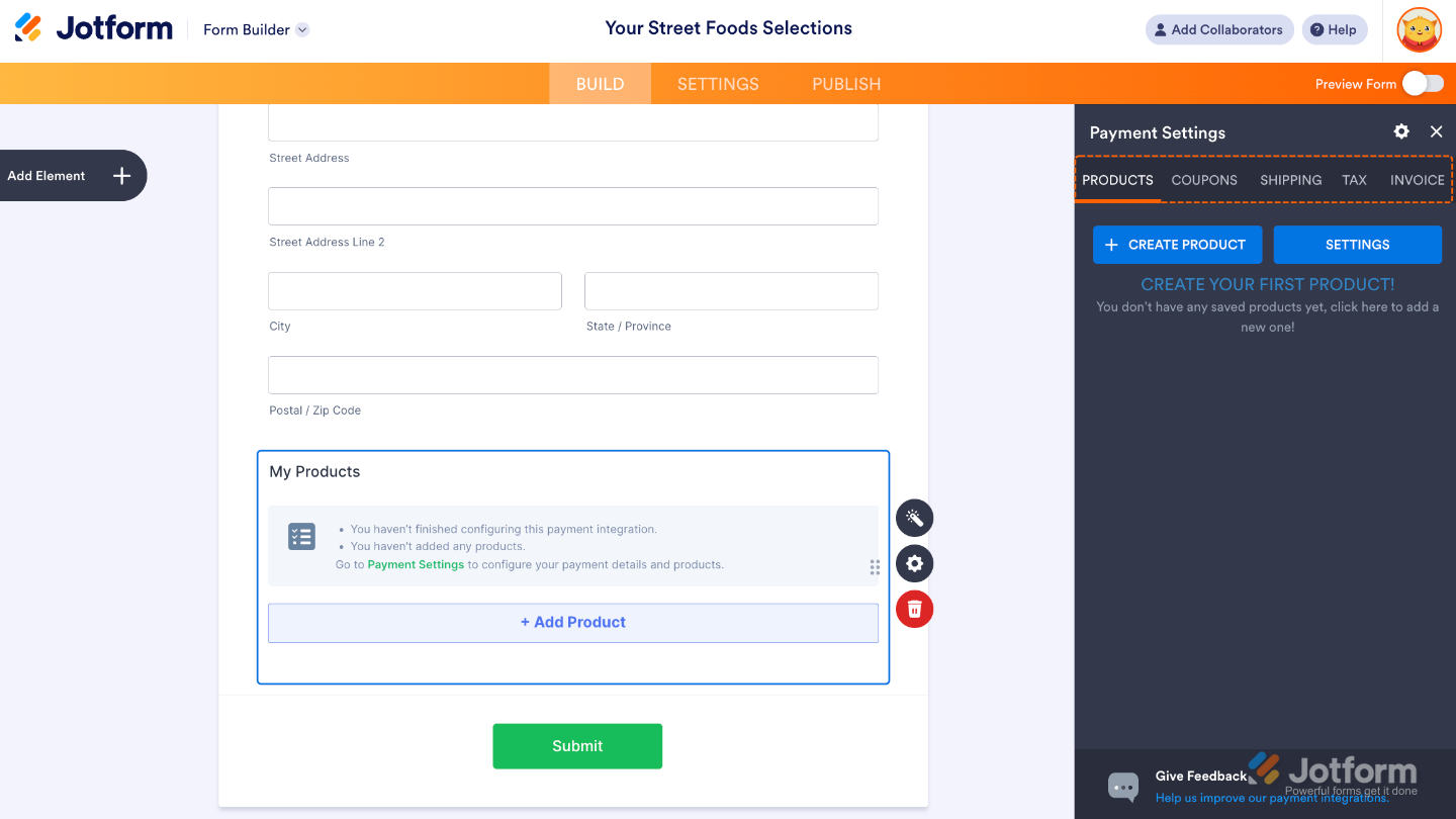 Payment Settings menu in PayU India integration where you can configure products, coupons, shipping, tax, and invoices for your payment form